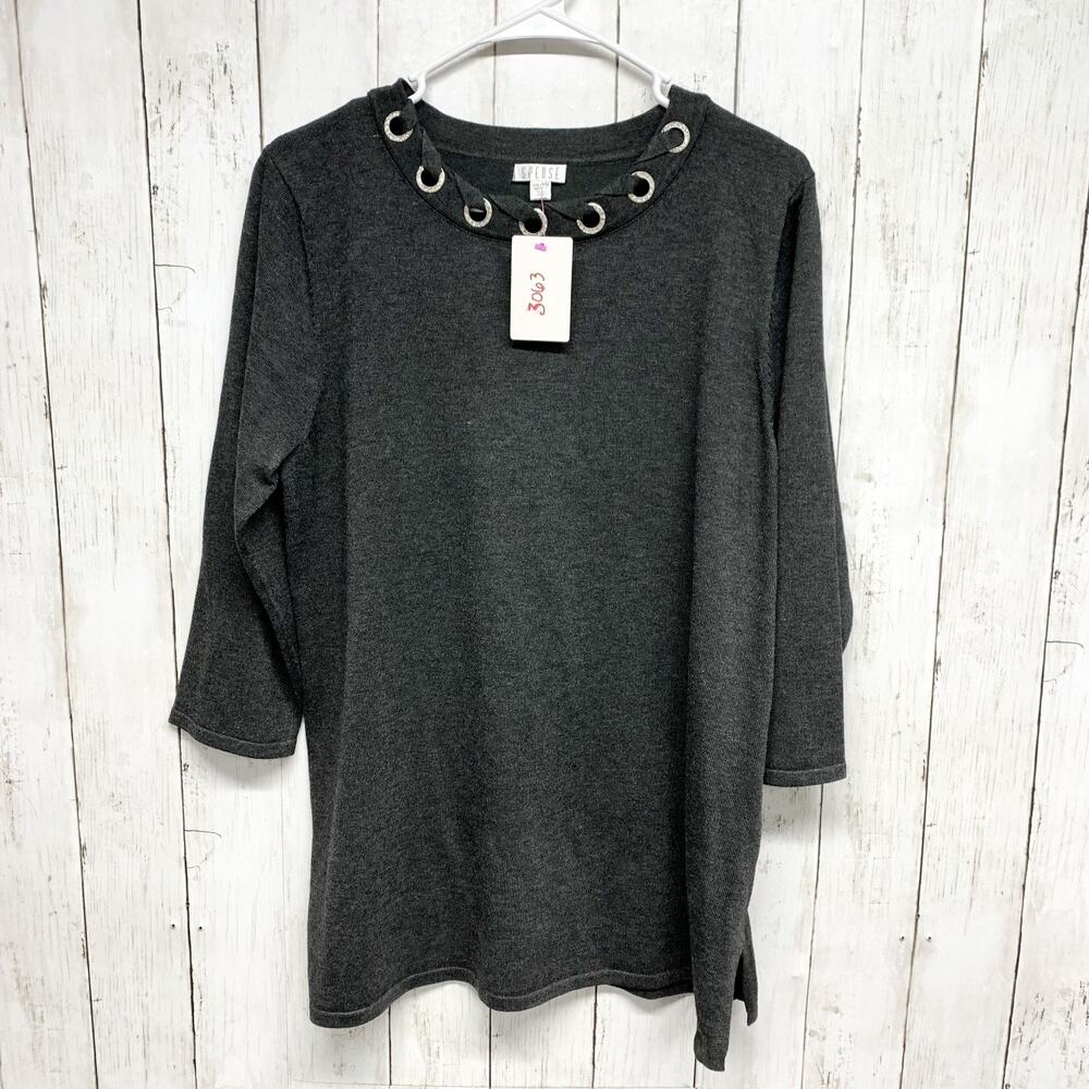 Spense Women XXL Gray Knit Sweater Lace Up Grommet Neck Long Sleeve Plus‎ Size